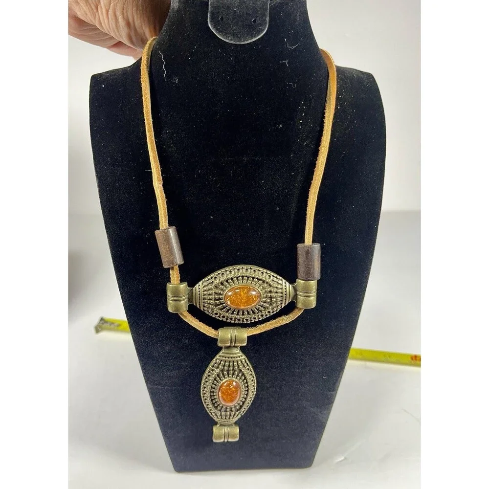 Vintage Brutalist Boho Statement Necklace Faux Amber Resin Leather Cord Geometri